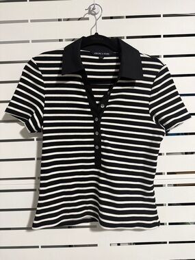 Veronica Beard Black & White Striped Knit Polo Shirt - size M